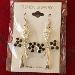 Silver Black Crystal Flower Bow Earrings